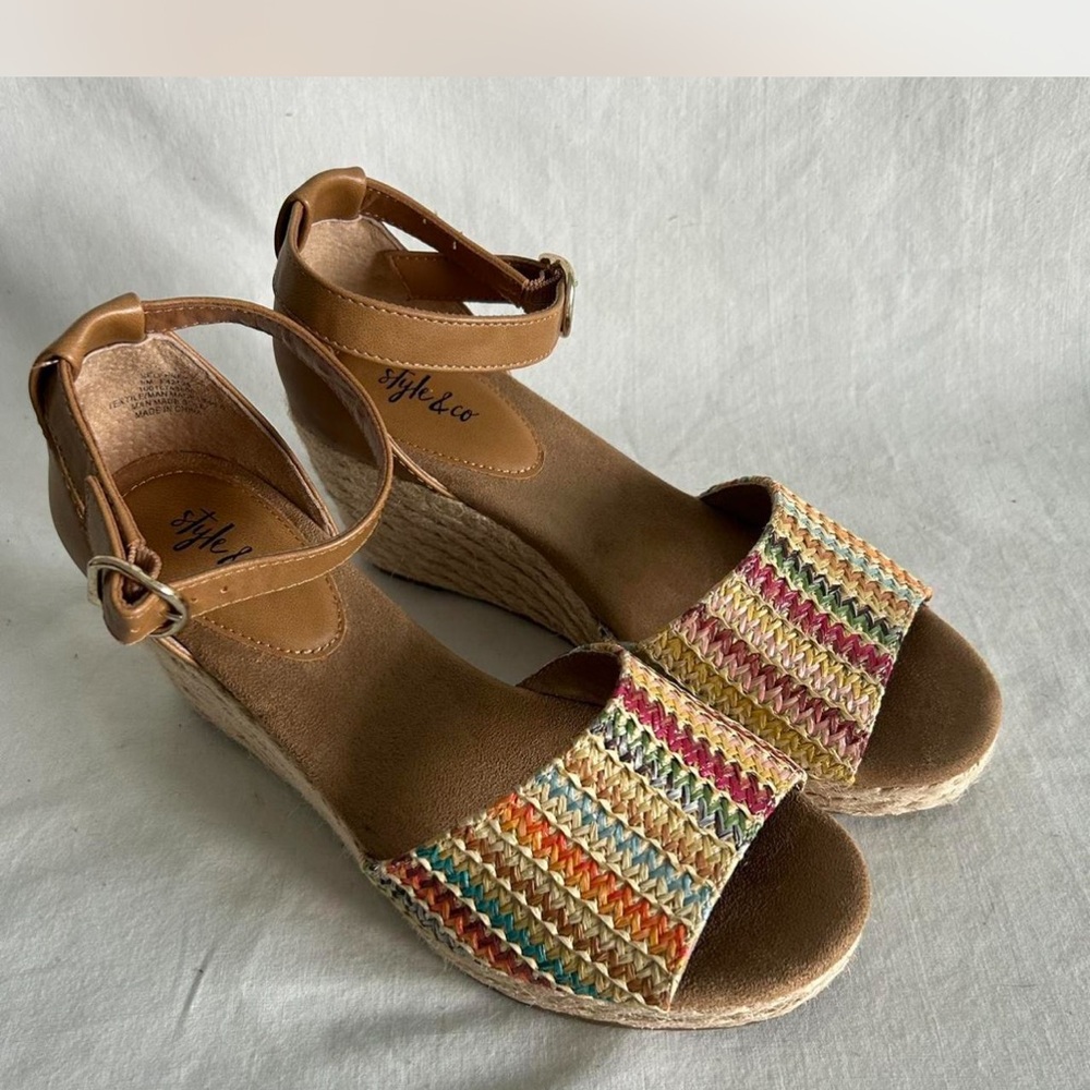Style & Co. Tan Espadrille Wedge Sandals with Multicolor Braided Strap